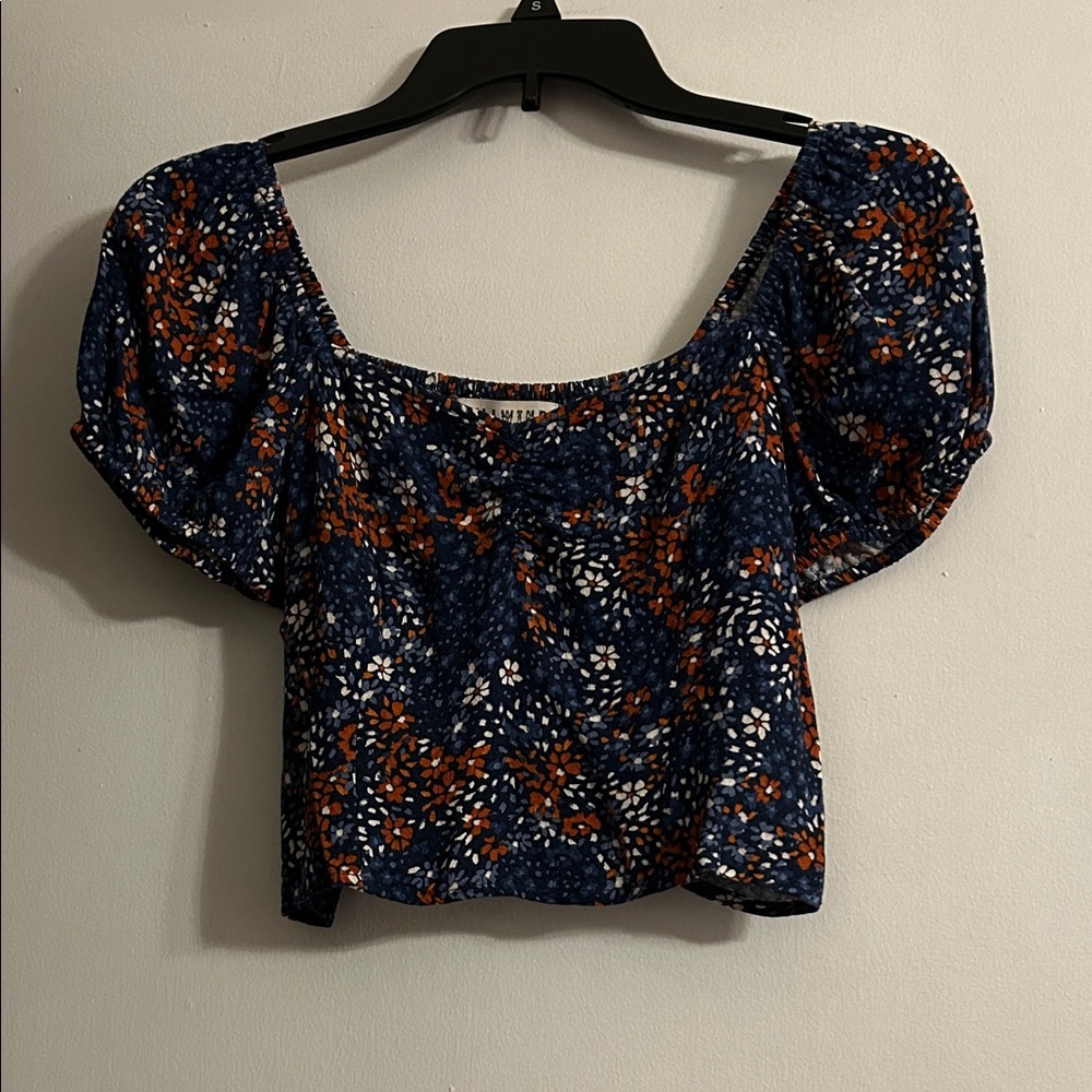 Floral Puff Sleeve Top - Blue and Rust